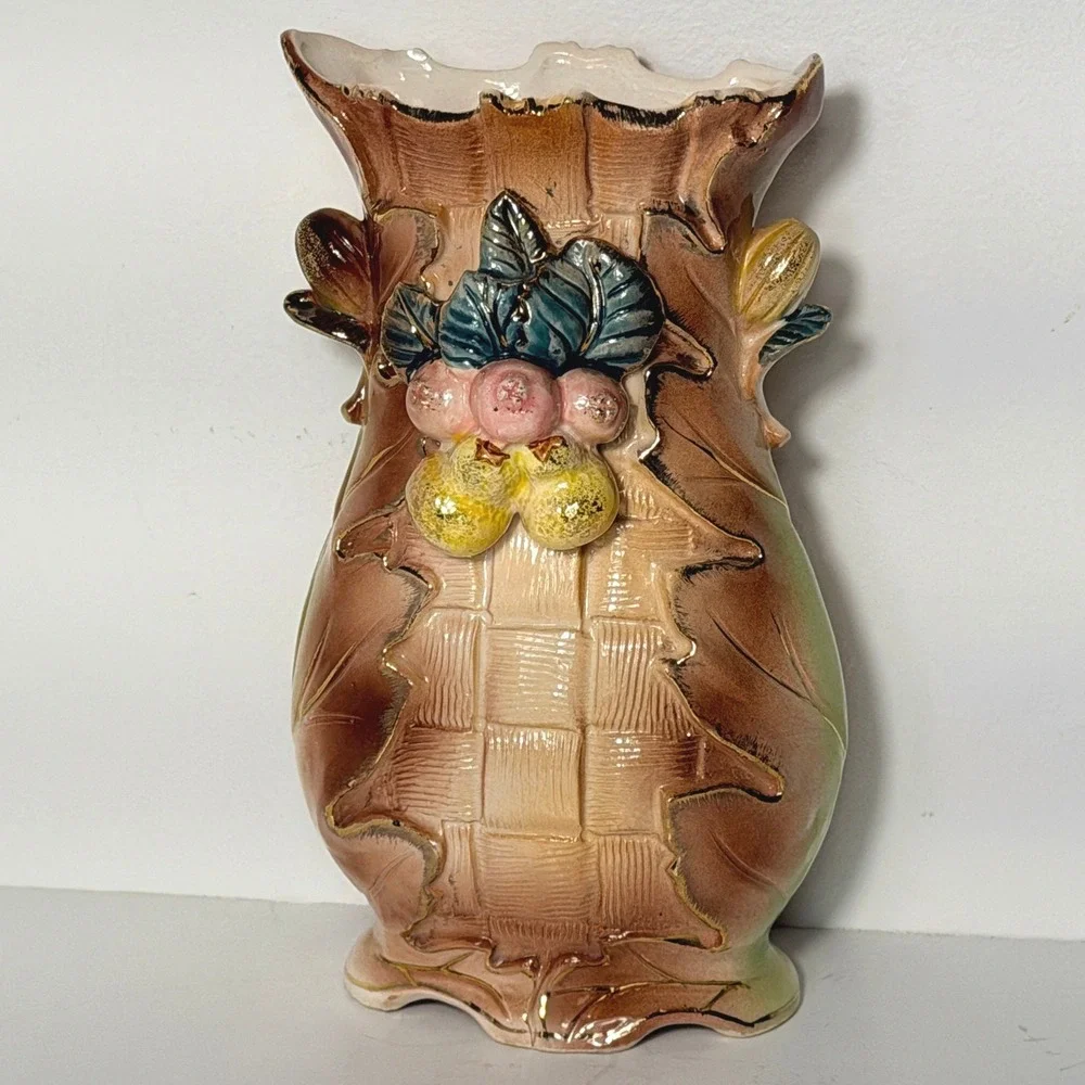 Vintage Majolica-Style Ceramic Fruit Vase Basket Weave Gold Trim 8 Inch